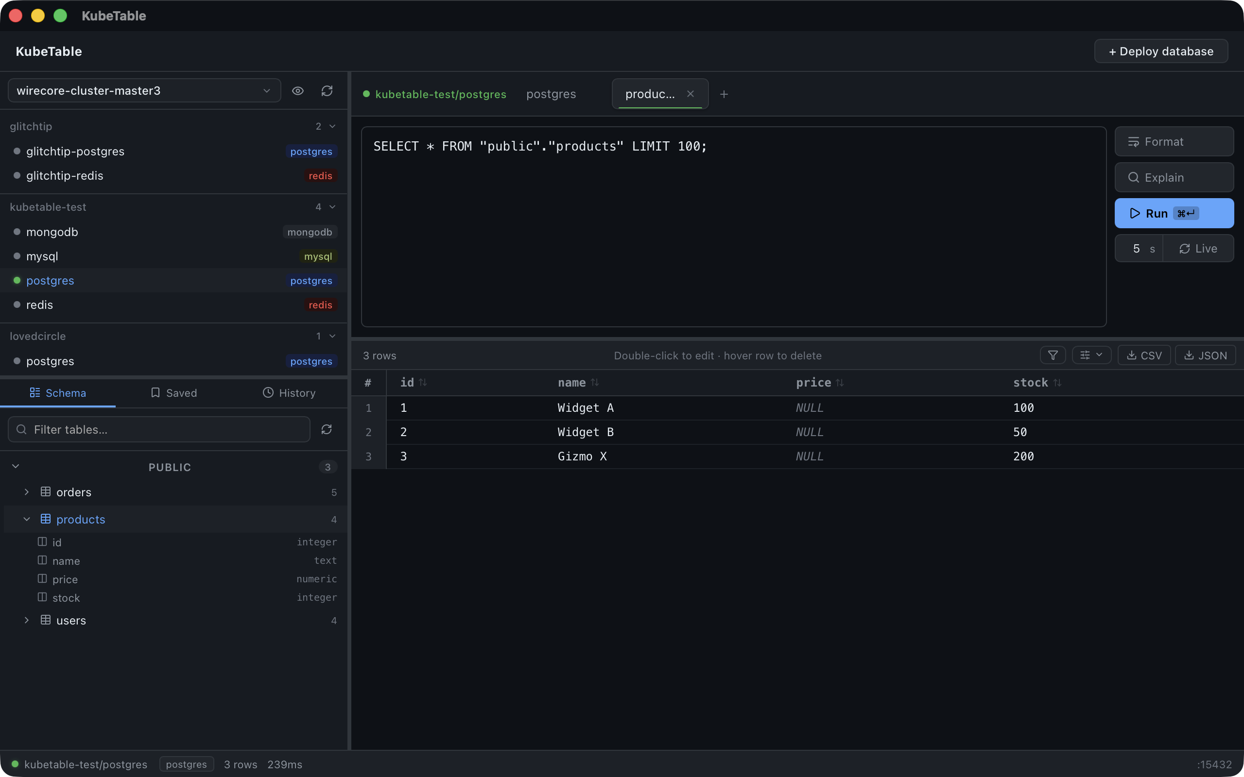 KubeTable querying a Postgres service in a Kubernetes cluster